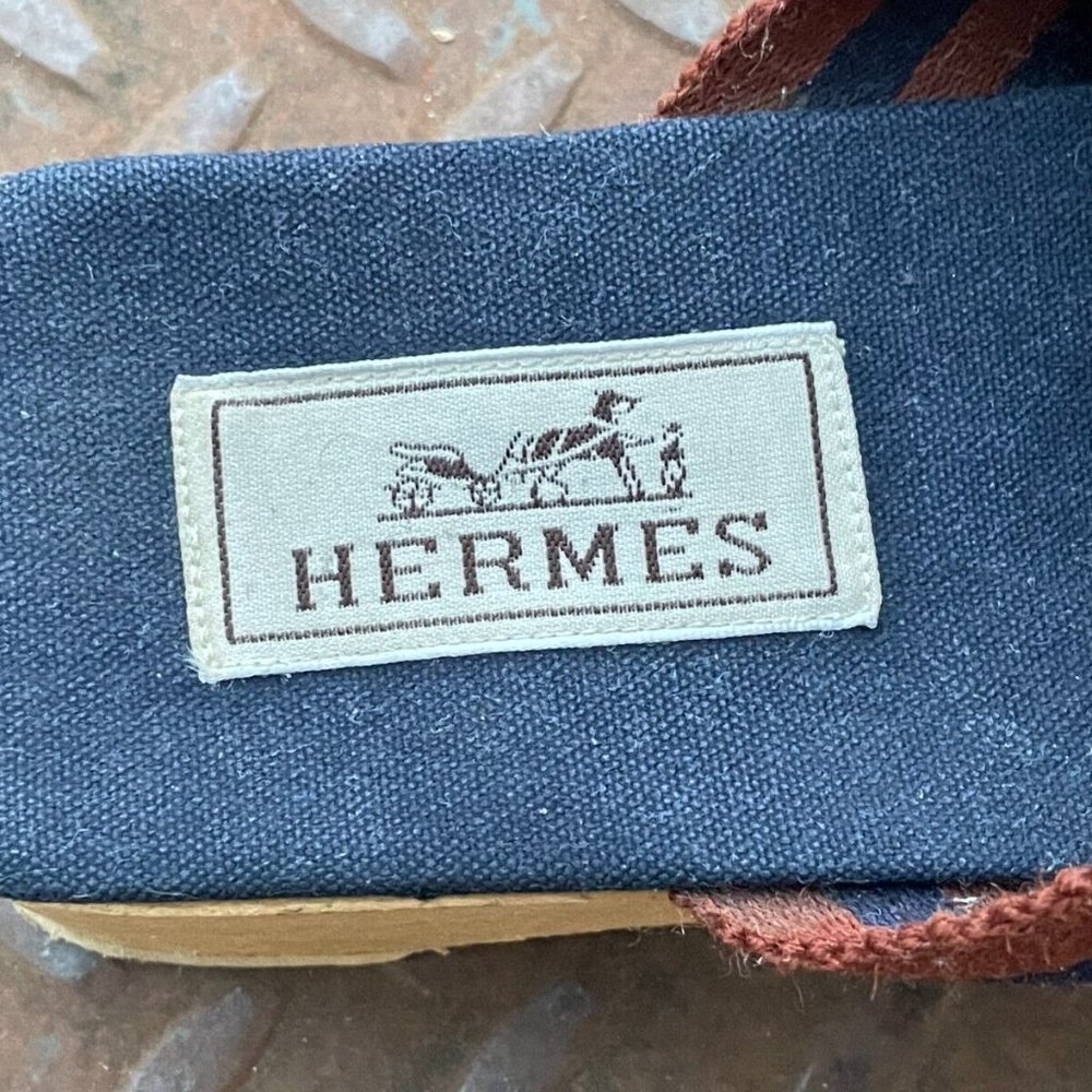 Hermes Women Sandals Canvas Navy Tan Ribbon Strap Wooden Heel Shoes Size 36/5 - Picture 7 of 12